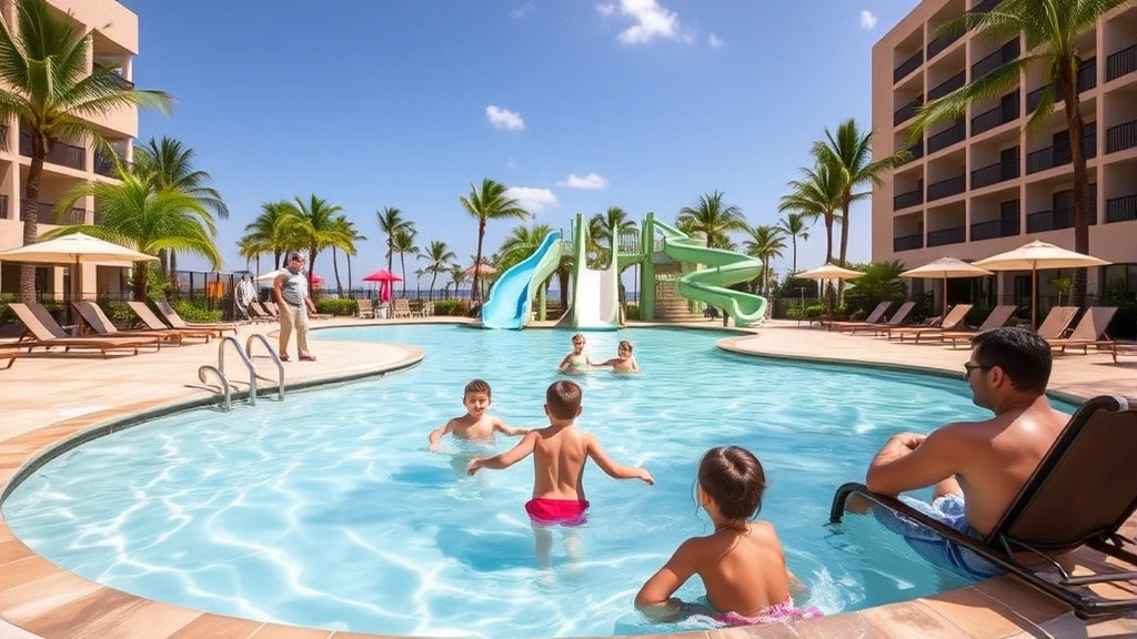 Family-friendly hotel pool area with shallow children's section, zero-entry design, waterslide feature, parents supervising from lounge chairs, tropical landscaping, and clear sunny weather