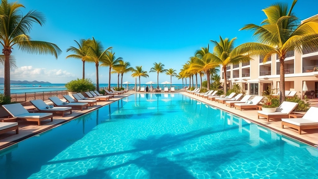 Luxurious resort-style swimming pool with crystal clear turquoise water, surrounding lounge chairs with white cushions, lush tropical palm trees, and guests relaxing poolside on a sunny day