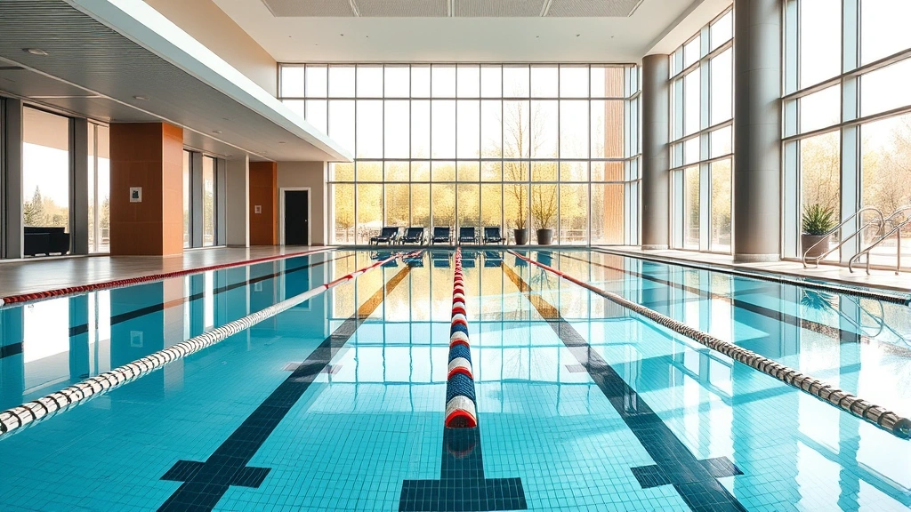 Modern hotel indoor heated swimming pool with floor-to-ceiling windows, lap lanes with lane dividers, contemporary architecture, and bright natural lighting