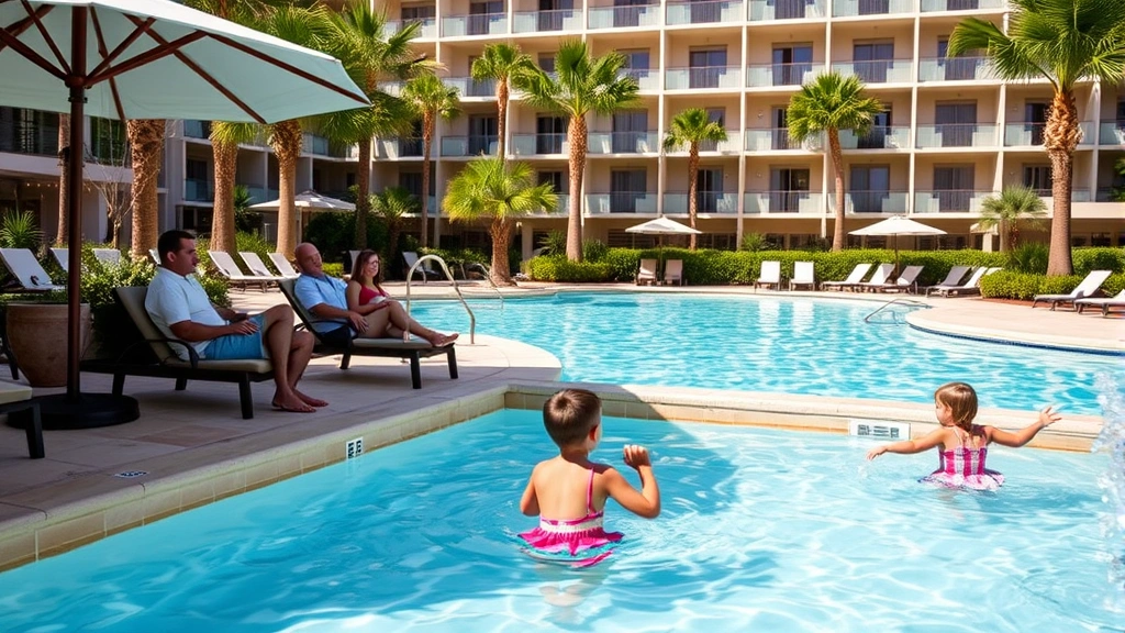 Family-friendly hotel pool area with shallow children's section featuring water features, parents supervising from lounge chairs, umbrellas providing shade, resort atmosphere with palm landscaping