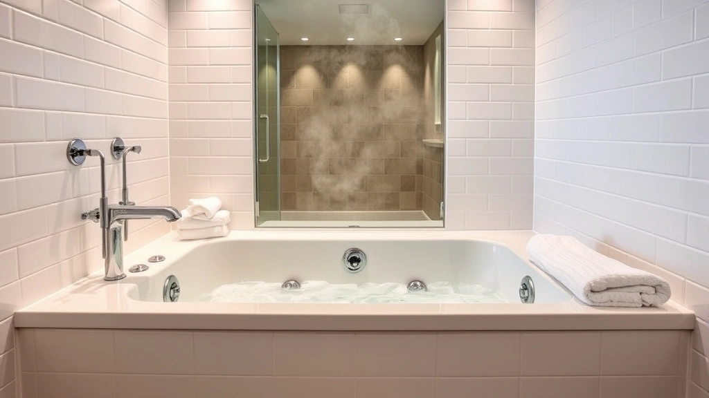 Modern hotel bathroom featuring a spacious rectangular jacuzzi tub with chrome fixtures, white tile walls, soft lighting, fluffy towels, and steam rising from hot water
