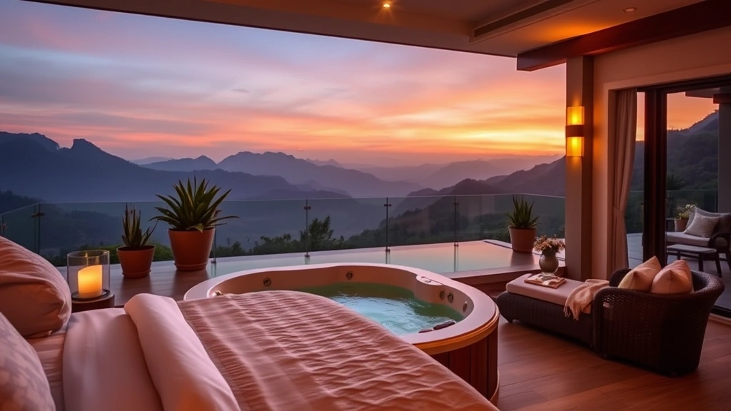 Luxury resort bedroom with an elegant in-suite jacuzzi positioned on a private balcony overlooking mountains, sunset lighting, potted plants, and comfortable seating nearby