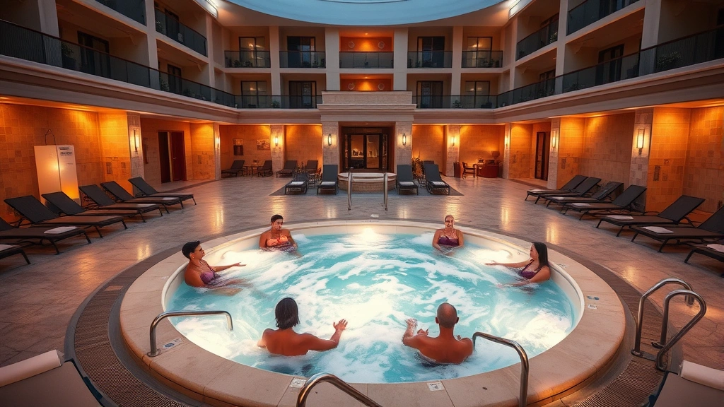 Upscale hotel spa area with a large shared heated jacuzzi surrounded by lounge chairs, ambient lighting, and guests relaxing in warm water