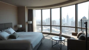 Modern hotel room with open balcony overlooking city skyline, contemporary furnishings, natural daylight streaming through floor-to-ceiling windows, neutral color palette with grey and beige tones, no visible smoking indicators or signage