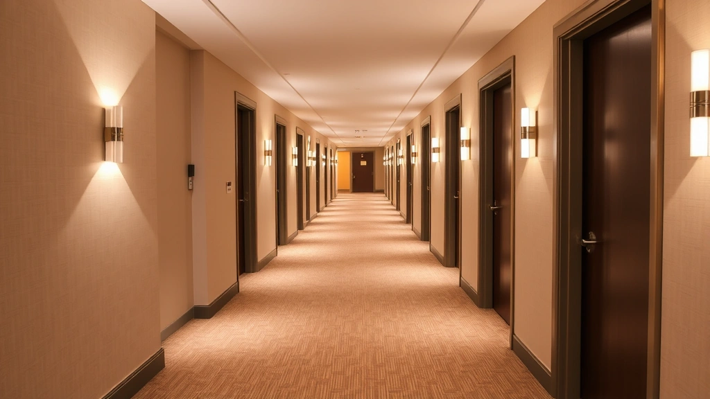 Hotel corridor with multiple guest room doors, warm hallway lighting, neutral carpeting, contemporary wall sconces, professional hospitality environment with no visible room designations or numbers