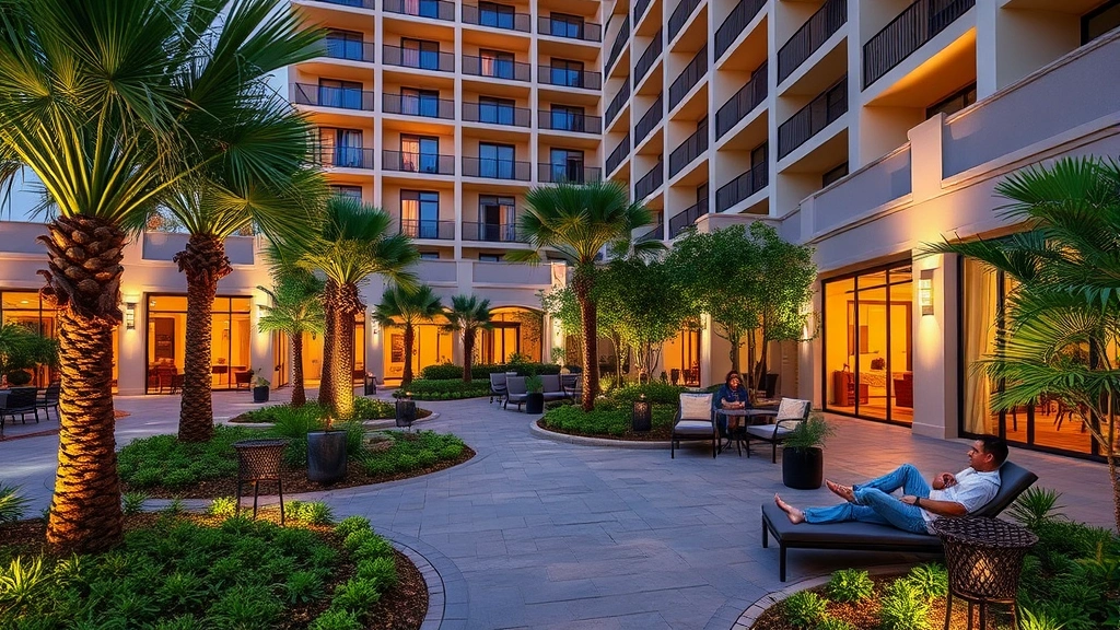 Upscale hotel exterior courtyard with comfortable outdoor seating area, landscaped garden with plants and trees, evening lighting, guests relaxing in lounge chairs, resort-style atmosphere with modern architecture