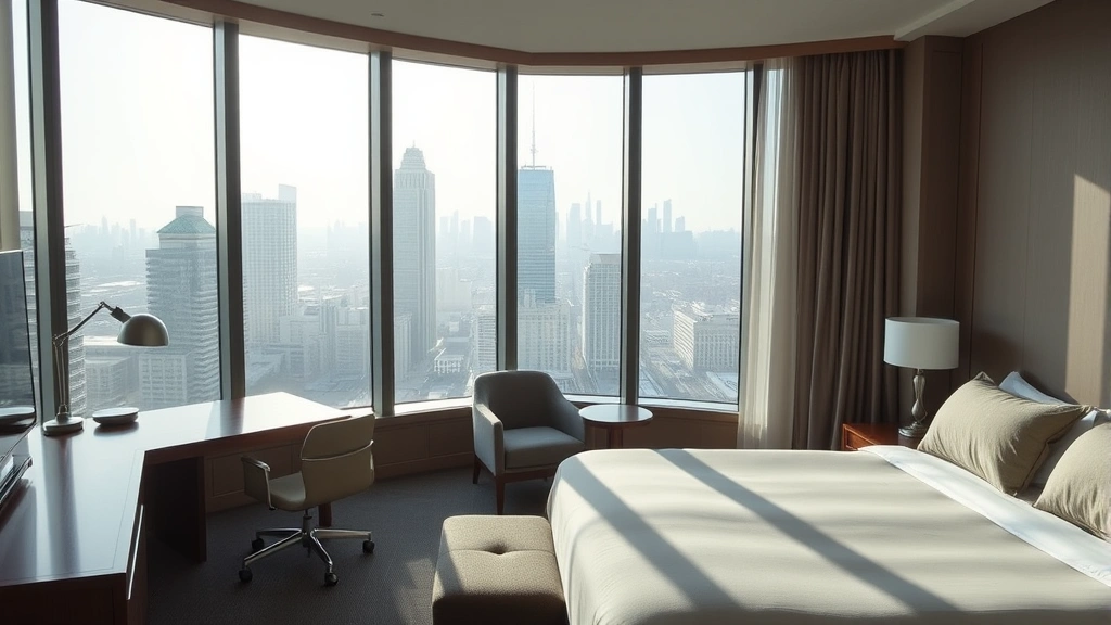 Modern hotel room interior with large windows overlooking cityscape, contemporary furnishings, king bed with neutral bedding, wooden desk, and natural daylight streaming through glass