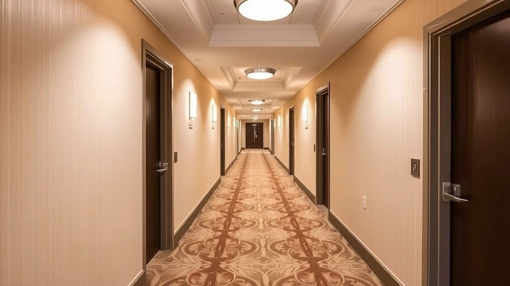 Hotel hallway with neutral-colored walls, elegant carpet runner, professional lighting fixtures, and multiple numbered guest room doors along corridor