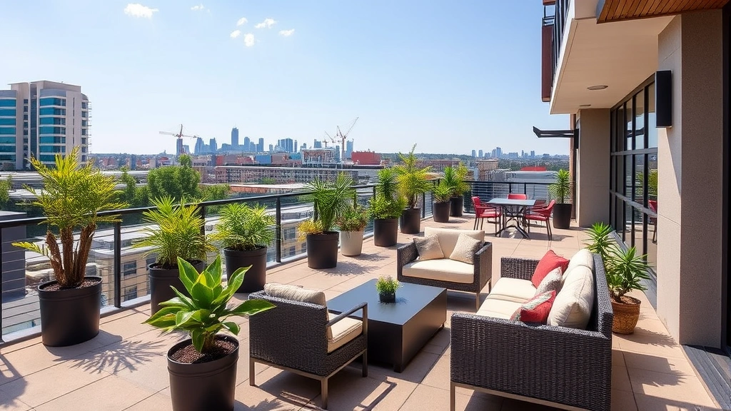 Outdoor hotel patio or terrace area with comfortable seating, potted plants, city views in background, clear skies, and modern architectural elements