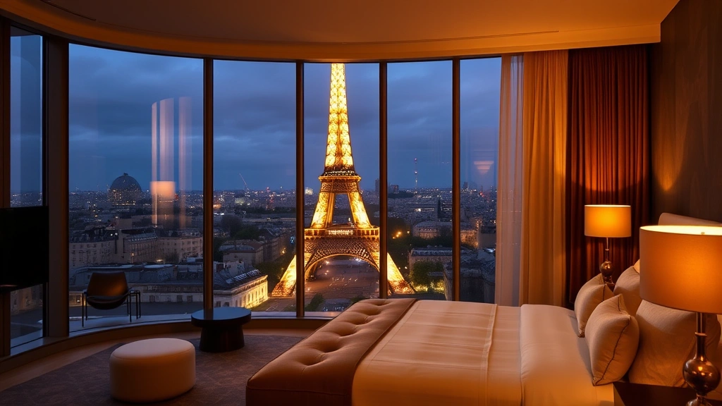 Luxury hotel bedroom with floor-to-ceiling windows framing the illuminated Eiffel Tower at night, modern furnishings, soft golden lighting, Paris cityscape visible beyond