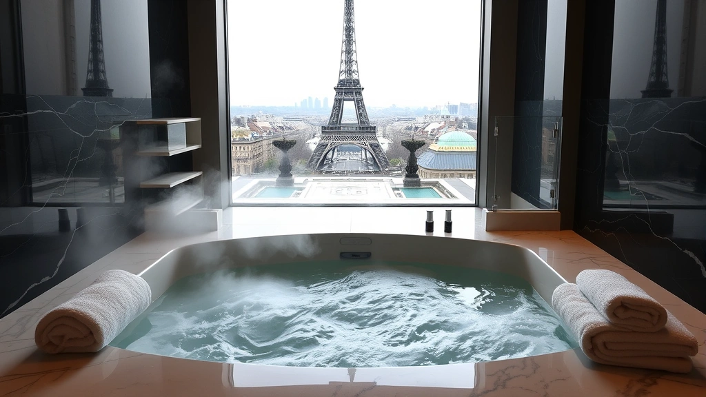 Elegant hotel spa or jacuzzi area with steaming water and the Eiffel Tower visible through large windows, contemporary design, luxurious towels and amenities on marble surfaces