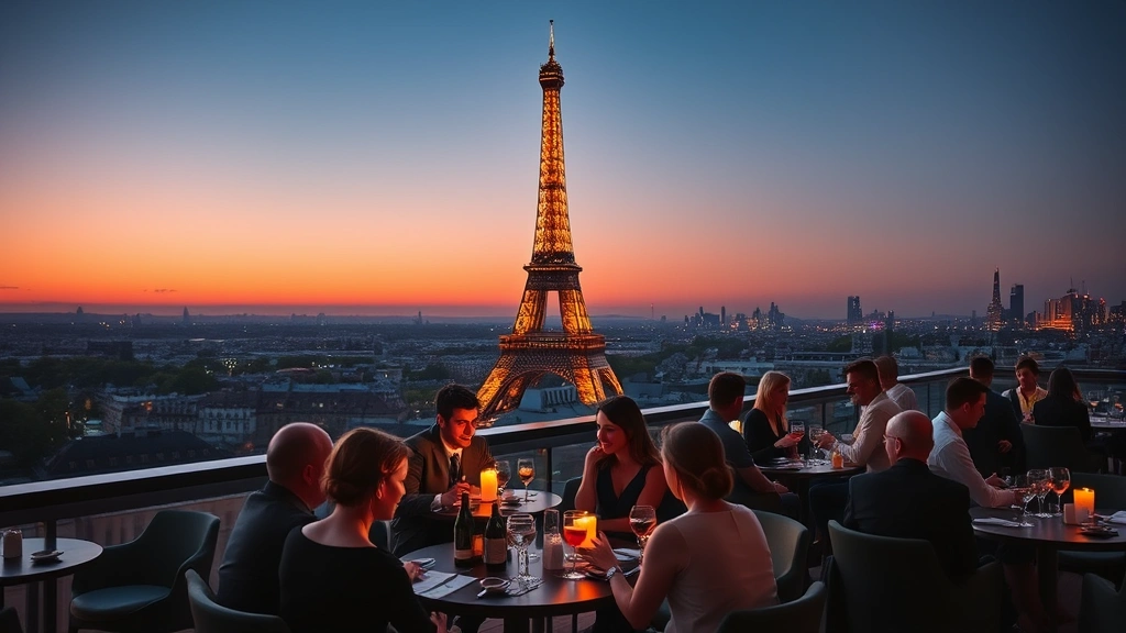 Rooftop hotel restaurant or lounge area with multiple guests enjoying drinks and meals, Eiffel Tower prominent in evening skyline, warm ambient lighting, sophisticated atmosphere