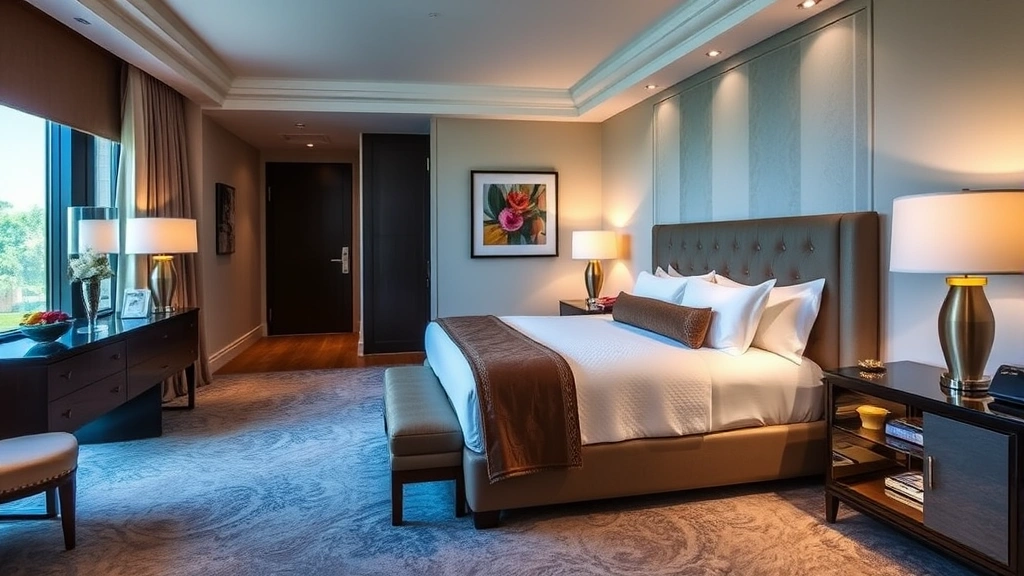 Upscale master bedroom in luxury two-bedroom hotel suite featuring king bed with premium bedding, elegant nightstands, and soft ambient lighting