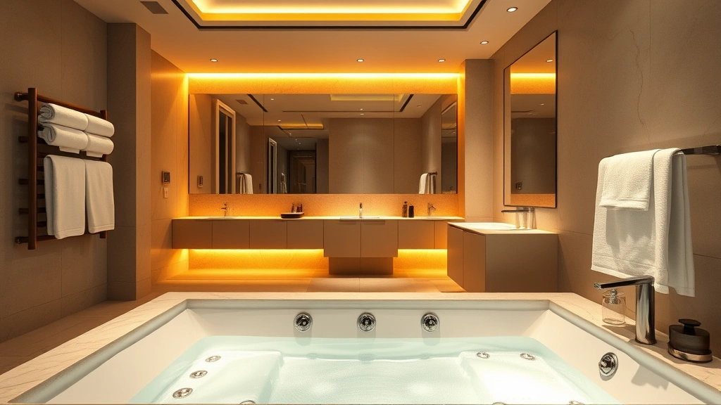 Luxurious modern hotel bathroom featuring a large soaking tub with massage jets, warm ambient lighting, fluffy white towels on heated rack, and contemporary fixtures, photorealistic, clean and inviting