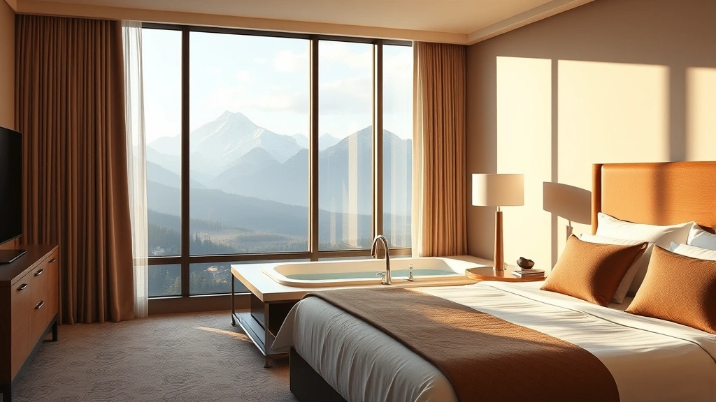 Elegant hotel suite bedroom with visible in-room whirlpool tub near window overlooking mountain landscape, soft lighting, plush bedding, and spa-like ambiance, photorealistic residential style