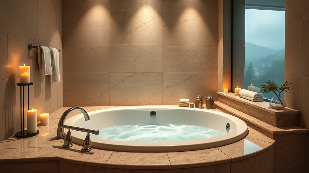 Upscale bathroom with sunken whirlpool tub, stone accents, soft candlelight, premium bath products, and peaceful spa atmosphere, photorealistic luxury hospitality setting