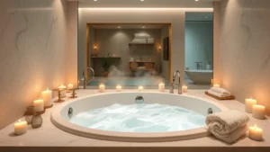 Modern luxury bathroom with oversized whirlpool tub surrounded by candles and soft lighting, steam rising from water, spa-like ambiance with white fluffy towels
