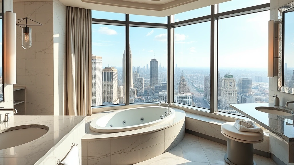 Upscale hotel suite showing spacious whirlpool tub positioned near large window overlooking city skyline, contemporary bathroom design with marble finishes