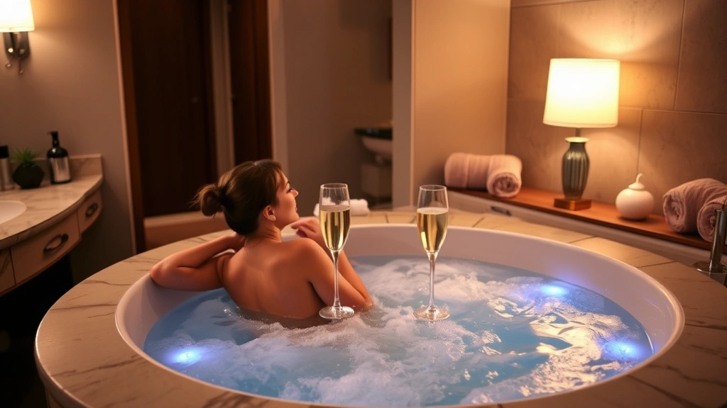 Couple relaxing together in in-room whirlpool tub with champagne glasses on tub edge, romantic hotel bathroom setting with dimmed lighting and natural stone surfaces