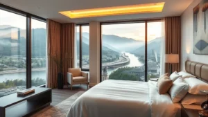 Elegant hotel bedroom with modern furnishings, white linens, and warm lighting overlooking a peaceful river valley landscape through large windows, photorealistic interior design
