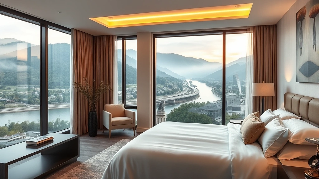 Elegant hotel bedroom with modern furnishings, white linens, and warm lighting overlooking a peaceful river valley landscape through large windows, photorealistic interior design