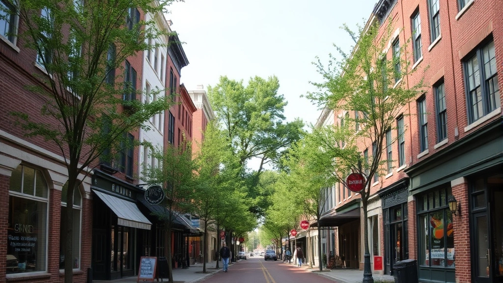 Historic downtown Hudson street lined with brick buildings, storefronts, and mature trees, showing charming architecture and pedestrian-friendly urban environment, daytime photography