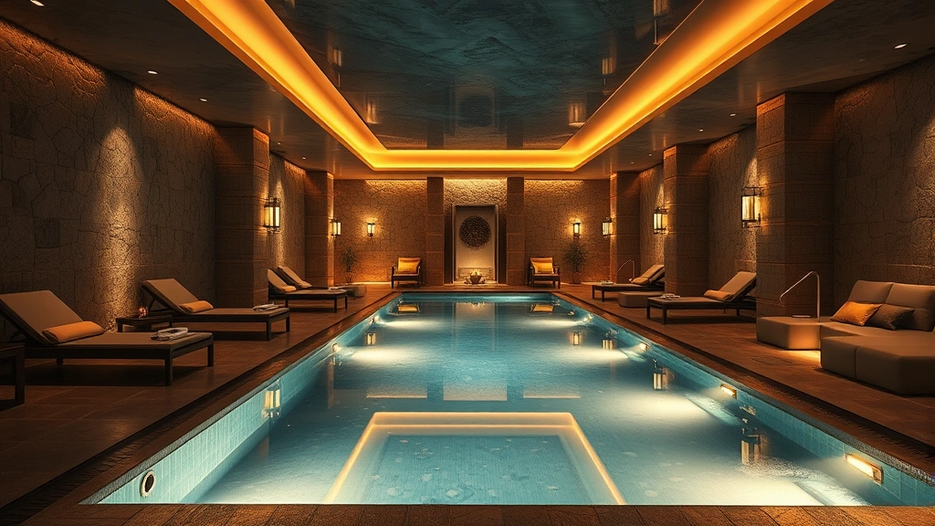 Luxurious hotel spa facility with heated indoor pool, lounge chairs, stone surroundings, and ambient lighting, conveying relaxation and wellness amenities, photorealistic