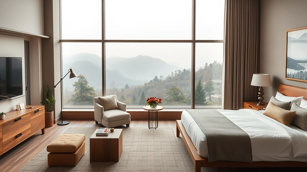 Luxurious modern hotel bedroom with farm-to-table aesthetic, natural wood furnishings, large windows overlooking misty Hudson Valley mountains, neutral earth tones, contemporary art on walls, no text or signage visible