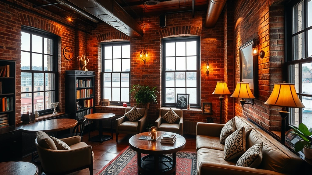 Charming historic boutique hotel interior with exposed brick walls, vintage architectural details, cozy reading nook with comfortable seating, warm lighting from traditional fixtures, Hudson River visible through windows, no building numbers or identifying text