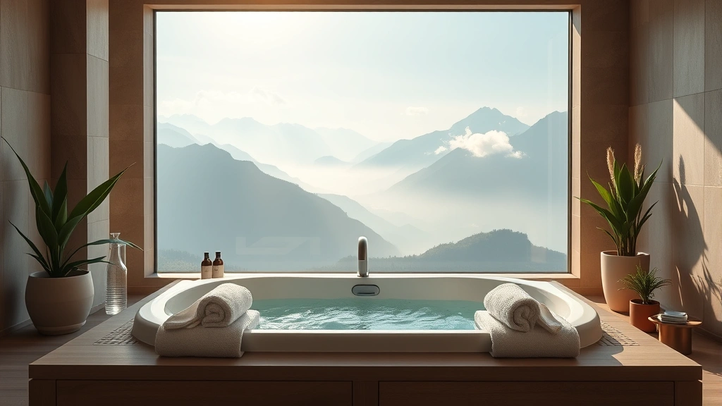 Spa and wellness area featuring soaking tub overlooking scenic mountain landscape, rolled towels, potted plants, natural light streaming through windows, peaceful minimalist design, no product labels or text visible