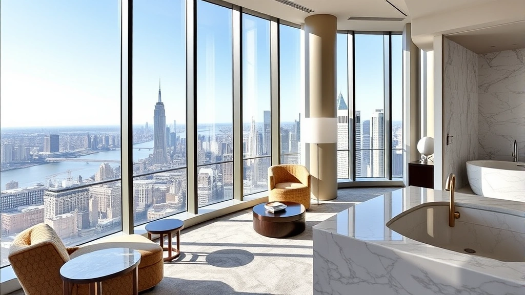 Modern luxury hotel suite in Hudson Yards with floor-to-ceiling windows overlooking Manhattan skyline and Hudson River, contemporary furniture, marble bathroom visible, natural daylight streaming through large windows