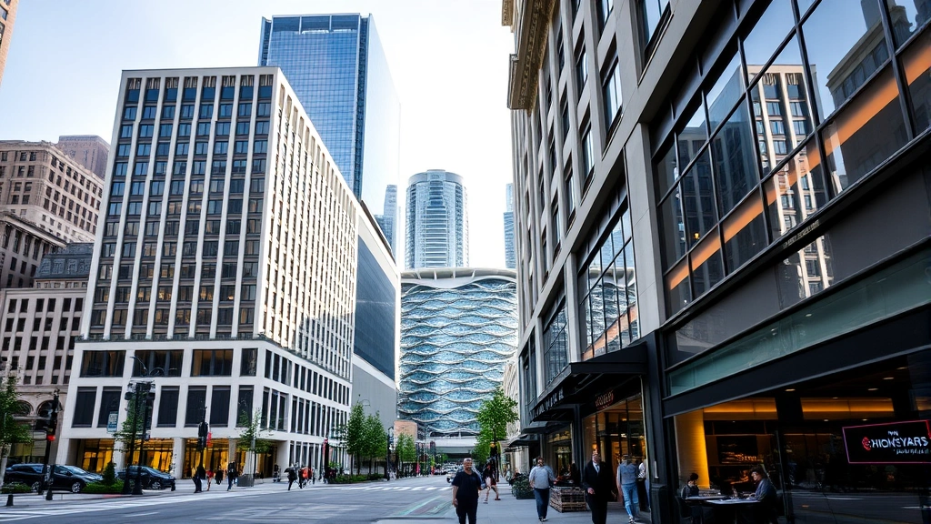 Hudson Yards neighborhood streetscape showing upscale hotel building exterior, Vessel architecture visible in background, pedestrians walking, street-level retail and dining establishments, daytime urban setting