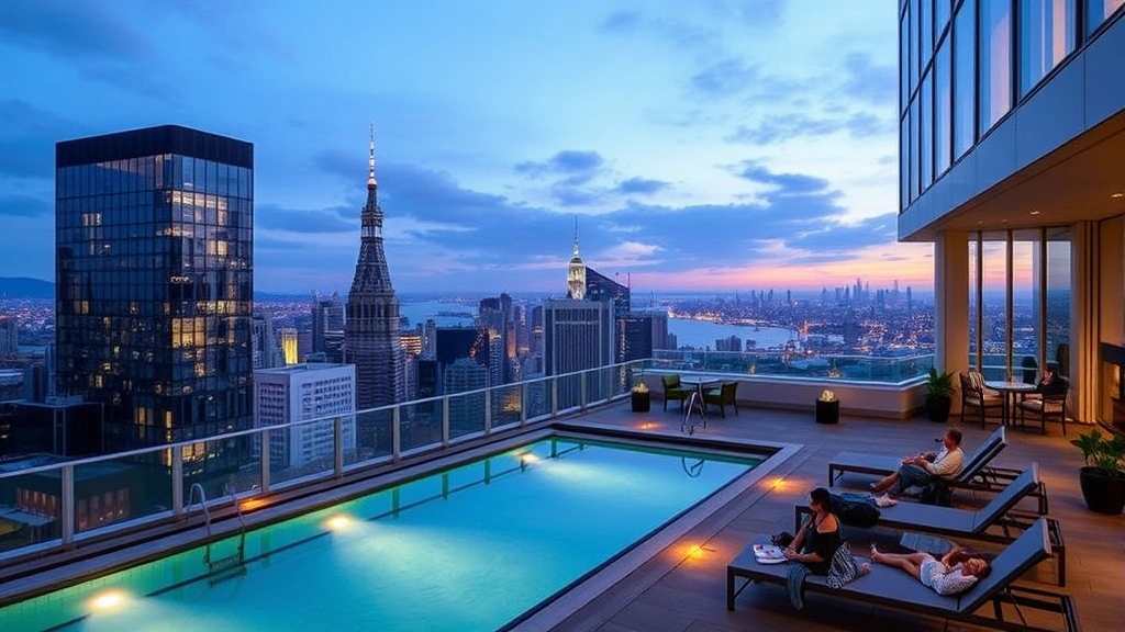 Rooftop pool area at Hudson Yards hotel with lounge chairs, city views of Manhattan buildings and Hudson River, modern architectural design, guests relaxing, evening skyline lighting