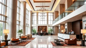 Modern luxury hotel lobby in India with contemporary architecture, marble floors, elegant furnishings, and Indian-inspired design elements, guests checking in at reception desk, bright natural lighting from large windows