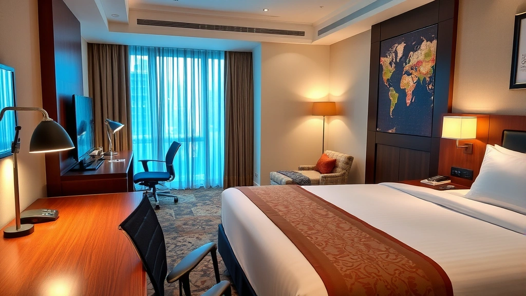 Business hotel room in India with contemporary workspace, comfortable bed, modern amenities, Indian textile accents, laptop on desk, warm ambient lighting reflecting professional hospitality standards