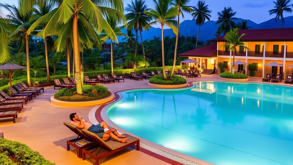 Hotel pool area in Indian resort setting with tropical landscaping, comfortable lounge chairs, clear blue water, guests relaxing, palm trees, mountain or garden views in background, evening lighting
