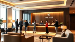 Professional hotel front desk with diverse staff checking in guests, modern lobby with comfortable seating, warm lighting, no signage or text visible, welcoming atmosphere