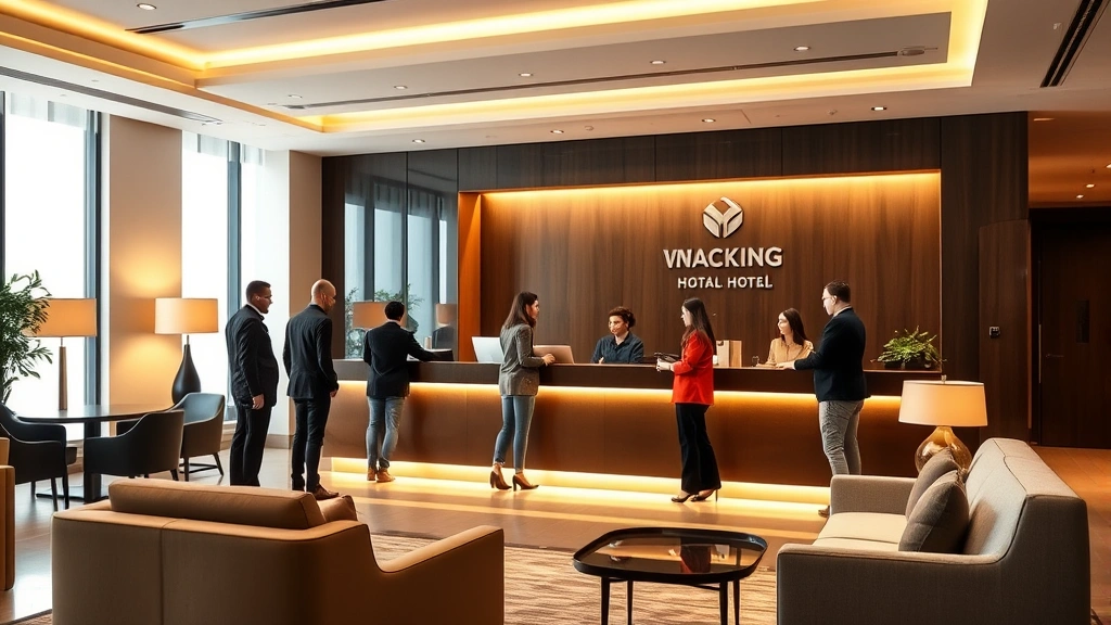 Professional hotel front desk with diverse staff checking in guests, modern lobby with comfortable seating, warm lighting, no signage or text visible, welcoming atmosphere