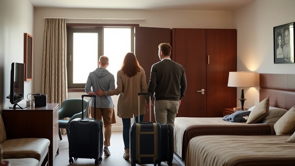 Family of four with luggage entering clean, well-maintained hotel room, modest but comfortable furnishings, window with natural light, safe and welcoming space, no identifying information visible