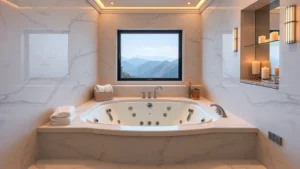 Luxurious marble bathroom with a sunken jacuzzi tub featuring multiple jets, soft overhead lighting, fluffy white towels, and candles on surrounding shelves, with a window showing mountain views