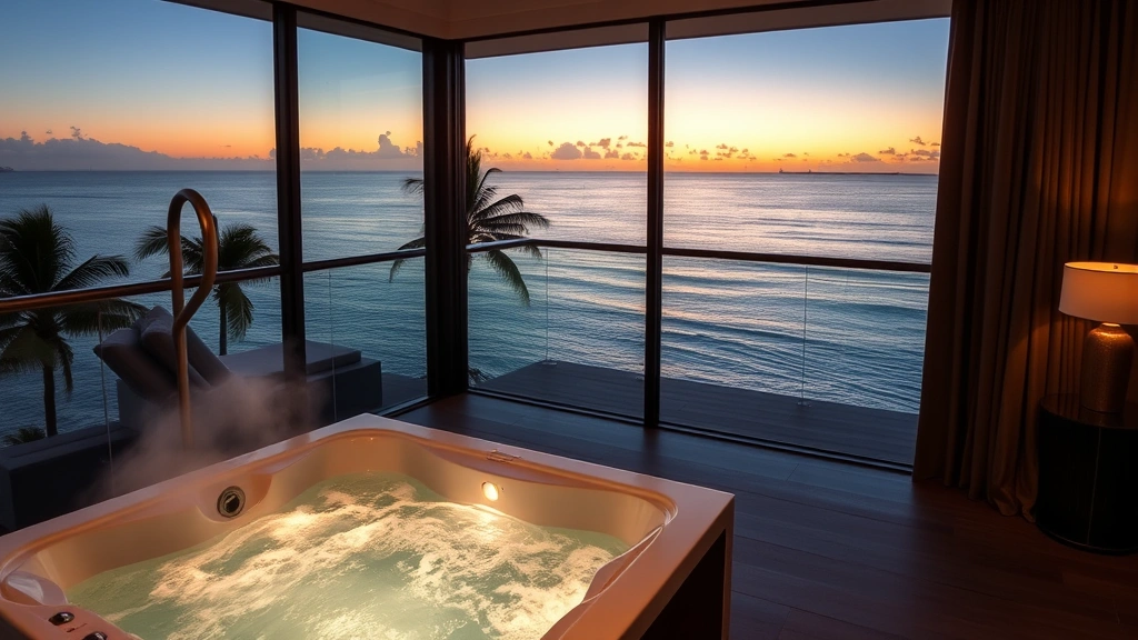 Modern hotel suite with a private jacuzzi on a spacious balcony overlooking a tropical ocean, palm trees visible, warm evening lighting, steam rising from the water