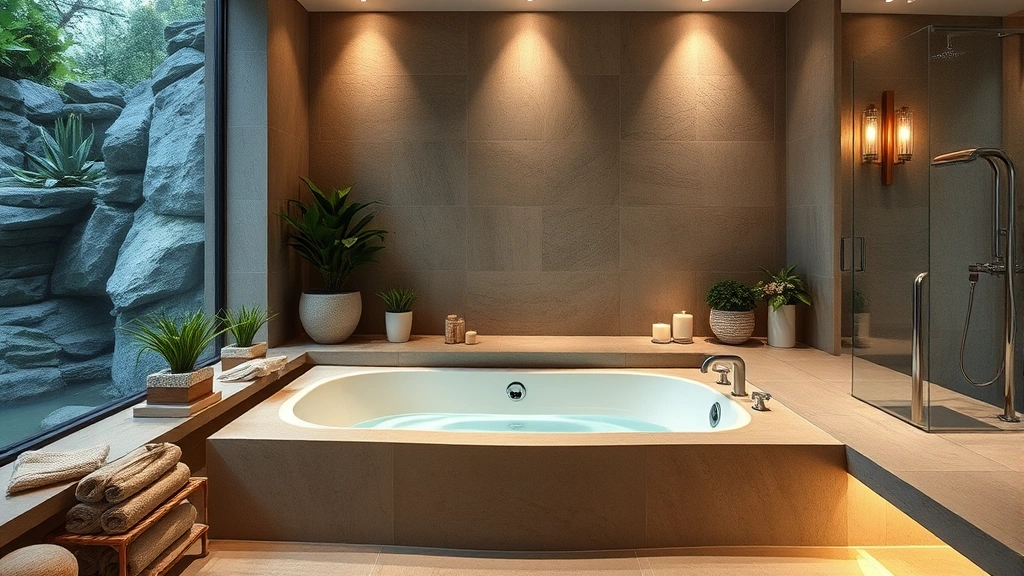Spa-inspired bathroom with a deep soaking tub with integrated jet system, natural stone surroundings, potted plants, soft ambient lighting, and elegant contemporary fixtures