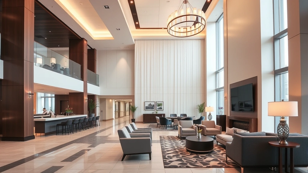 Modern luxury hotel lobby with contemporary furniture, warm lighting, and elegant architectural details, showcasing upscale Indiana hospitality and professional service environment