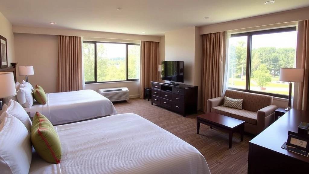 Spacious family hotel room with two queen beds, comfortable seating area, and bright windows overlooking tree-lined Indiana landscape, featuring welcoming residential-style design