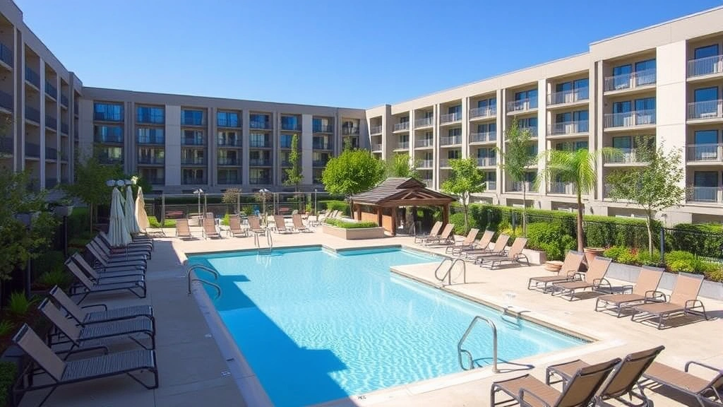 Outdoor hotel pool area surrounded by lounge chairs and landscaping, with clear blue water and modern pool deck facilities representing recreational amenities