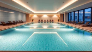 Modern luxury indoor swimming pool with crystal-clear water, multiple depth levels, comfortable lounge chairs surrounding the deck, and soft ambient lighting reflecting off the water surface in a contemporary hotel setting
