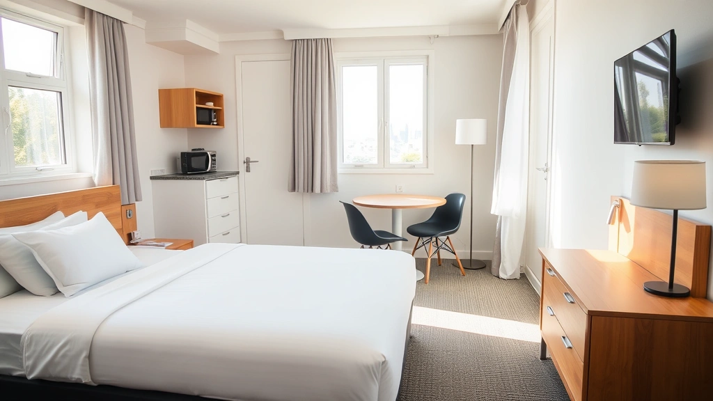 Comfortable hotel room interior showing clean bed with white linens, simple furnishings, open windows with natural light, small kitchenette corner with basic appliances, bright and airy atmosphere, modern budget hotel aesthetic