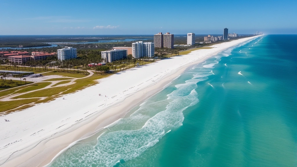 Aerial view of Panama City Beach coastline showing sandy beach, turquoise water, palm trees lining shore, residential and hotel buildings in background, sunny day with clear visibility, peaceful beach scene