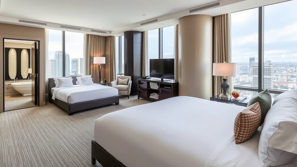 Upscale hotel suite interior featuring premium bedding, floor-to-ceiling windows with city views, modern furnishings, sophisticated color palette, spacious layout, elegant bathroom visible through doorway, conveying luxury accommodation and refined guest experience
