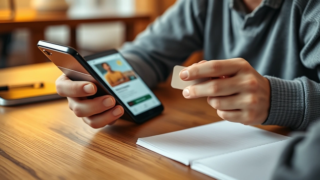 Close-up of person's hands holding credit card while reviewing hotel confirmation email on smartphone, sitting at wooden desk with notepad nearby, warm indoor lighting, focused expression